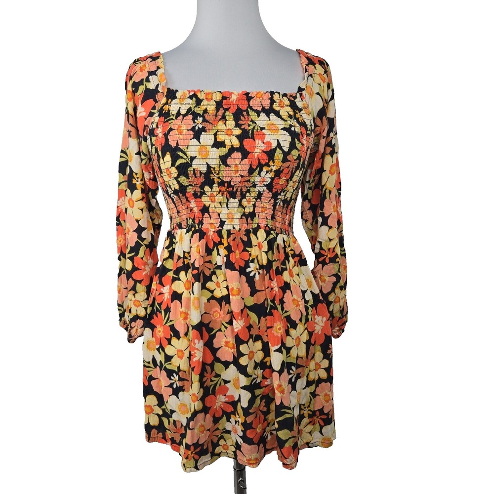 Billabong Black Floral Smocked Mini Dress with Orange and Yellow Flowers